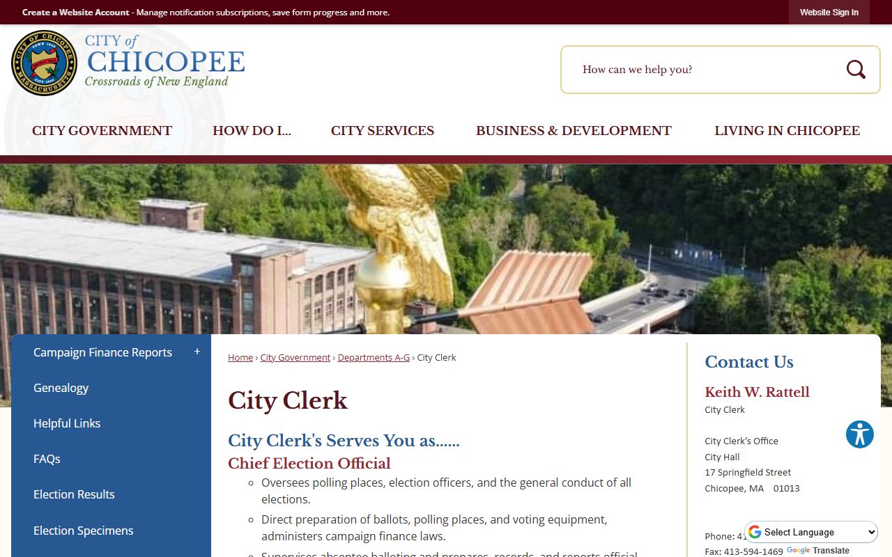 Chicopee City Clerk office page for dissolution of marriage research