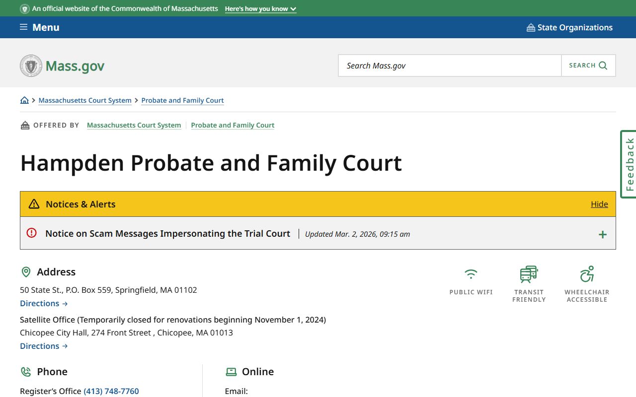 Hampden County Probate and Family Court location page for Chicopee dissolution of marriage