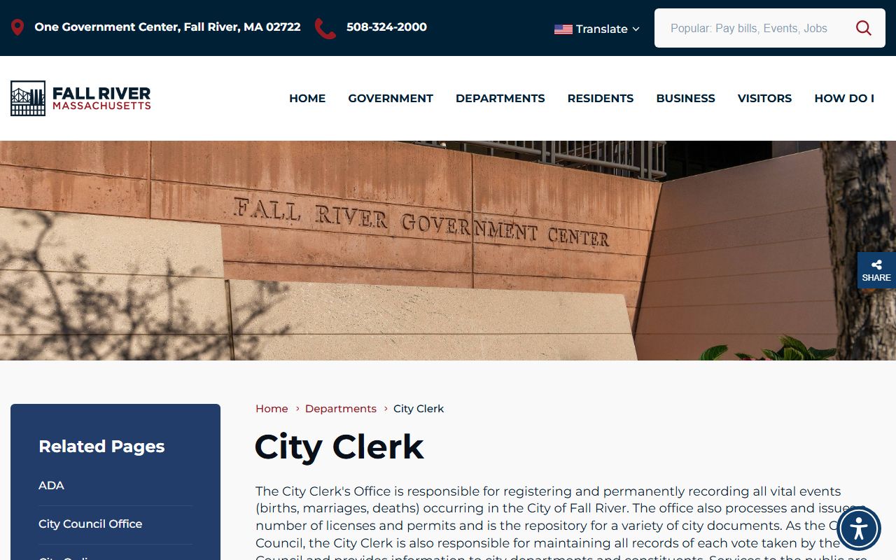 Fall River City Clerk department page showing vital records services separate from dissolution of marriage court records