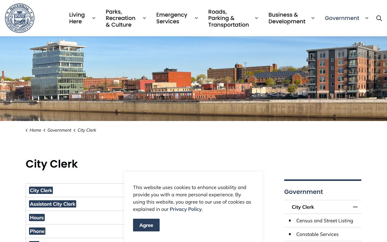 Haverhill City Clerk at City Hall handles birth marriage and death records not dissolution of marriage