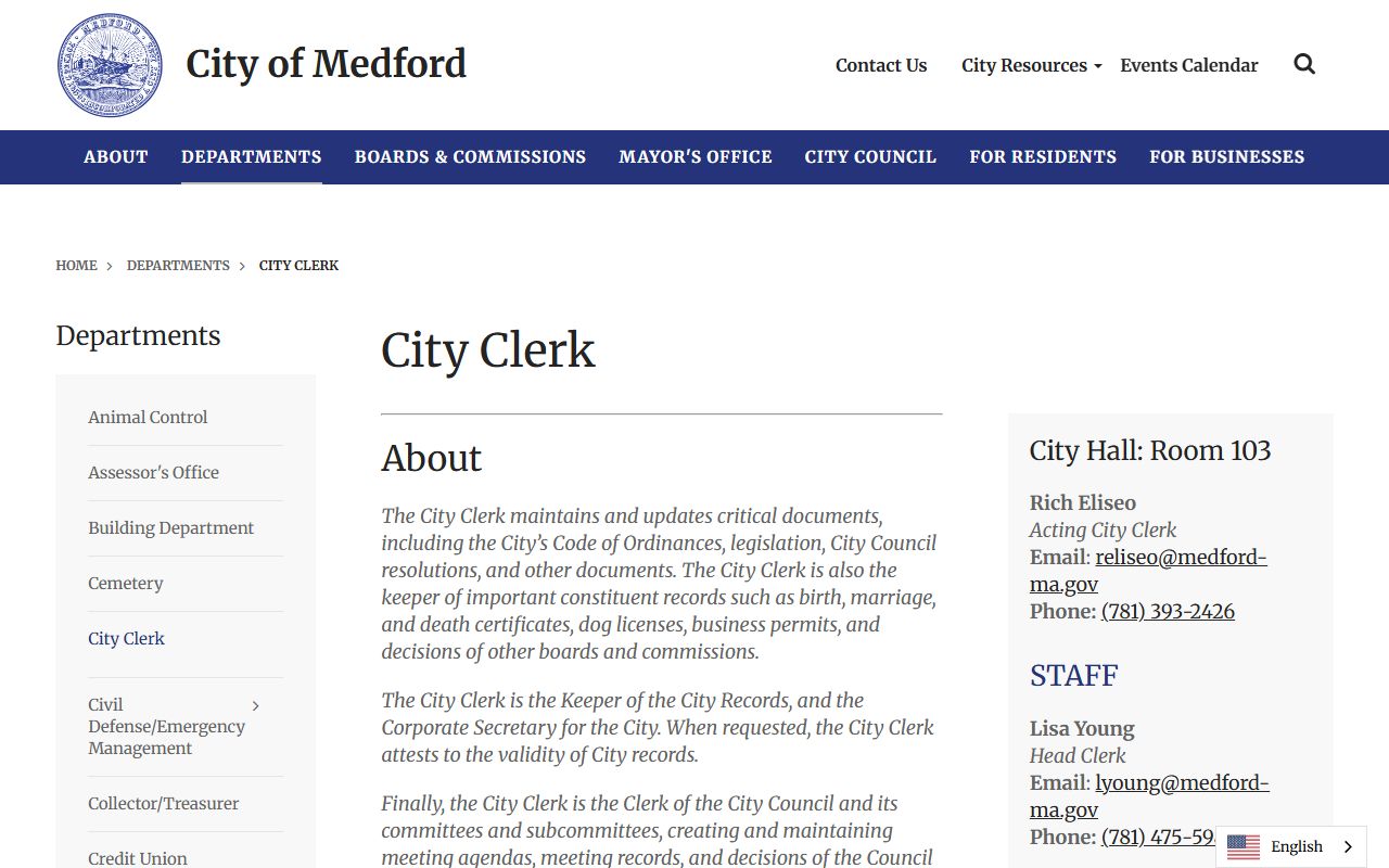 Medford City Clerk office page for dissolution of marriage reference