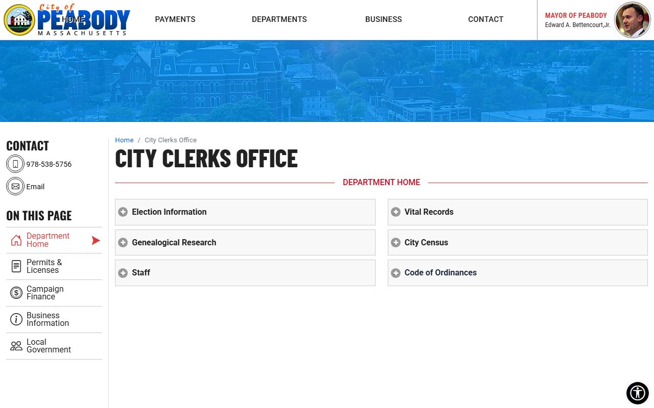 Peabody City Clerk office page for dissolution of marriage research