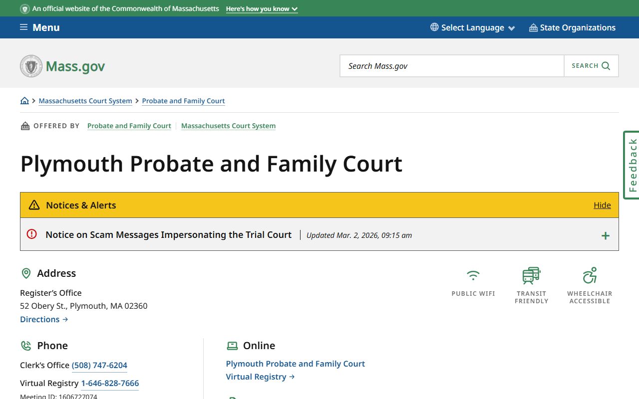 Plymouth County Probate and Family Court at 52 Obery Street handles dissolution of marriage cases for Plymouth