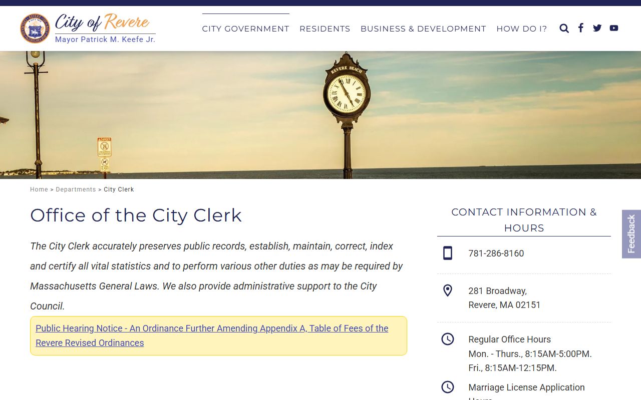 Revere City Clerk office page showing vital records services