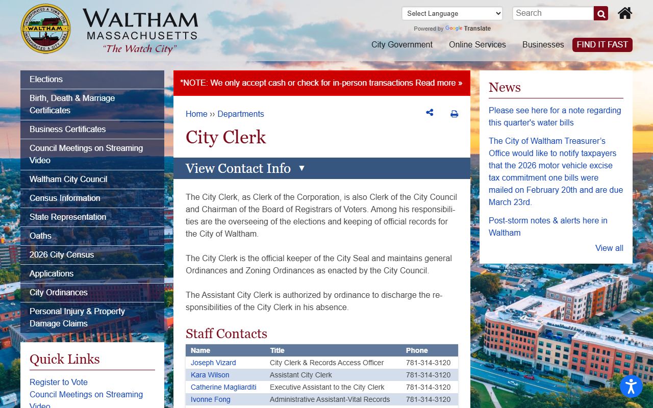 Waltham City Clerk office page showing vital records services