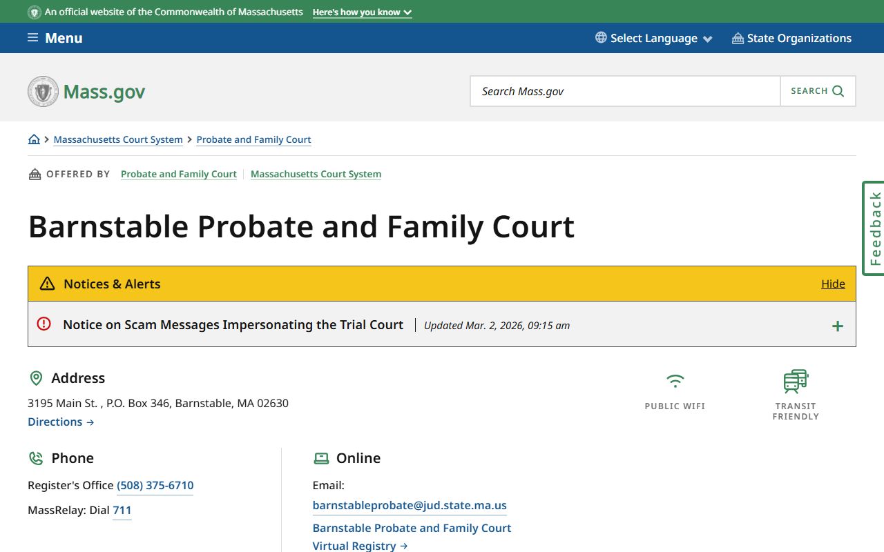 Barnstable County Probate and Family Court page showing dissolution of marriage record access on Cape Cod