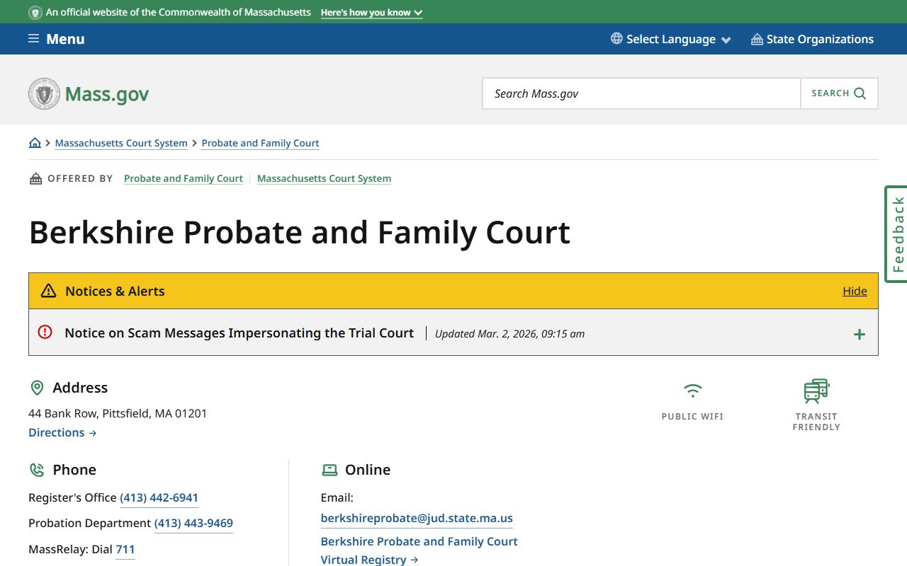 Berkshire County Probate and Family Court page showing dissolution of marriage records access