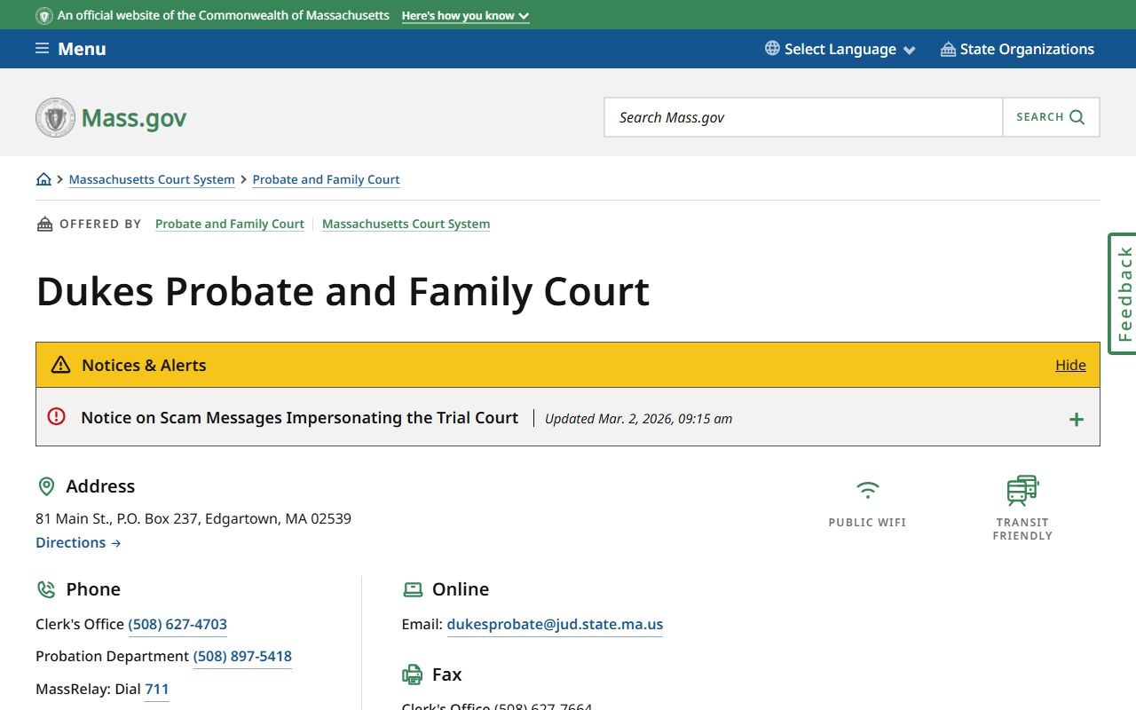 Dukes County Probate and Family Court page showing dissolution of marriage records for Martha's Vineyard