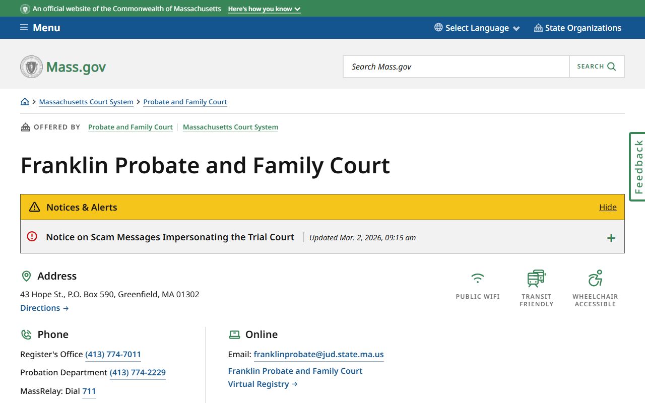 Franklin County Probate and Family Court page showing dissolution of marriage records access
