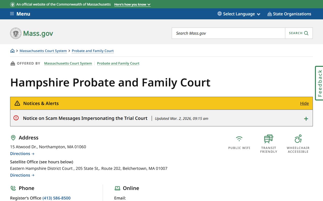 Hampshire County Probate and Family Court page showing dissolution of marriage records access