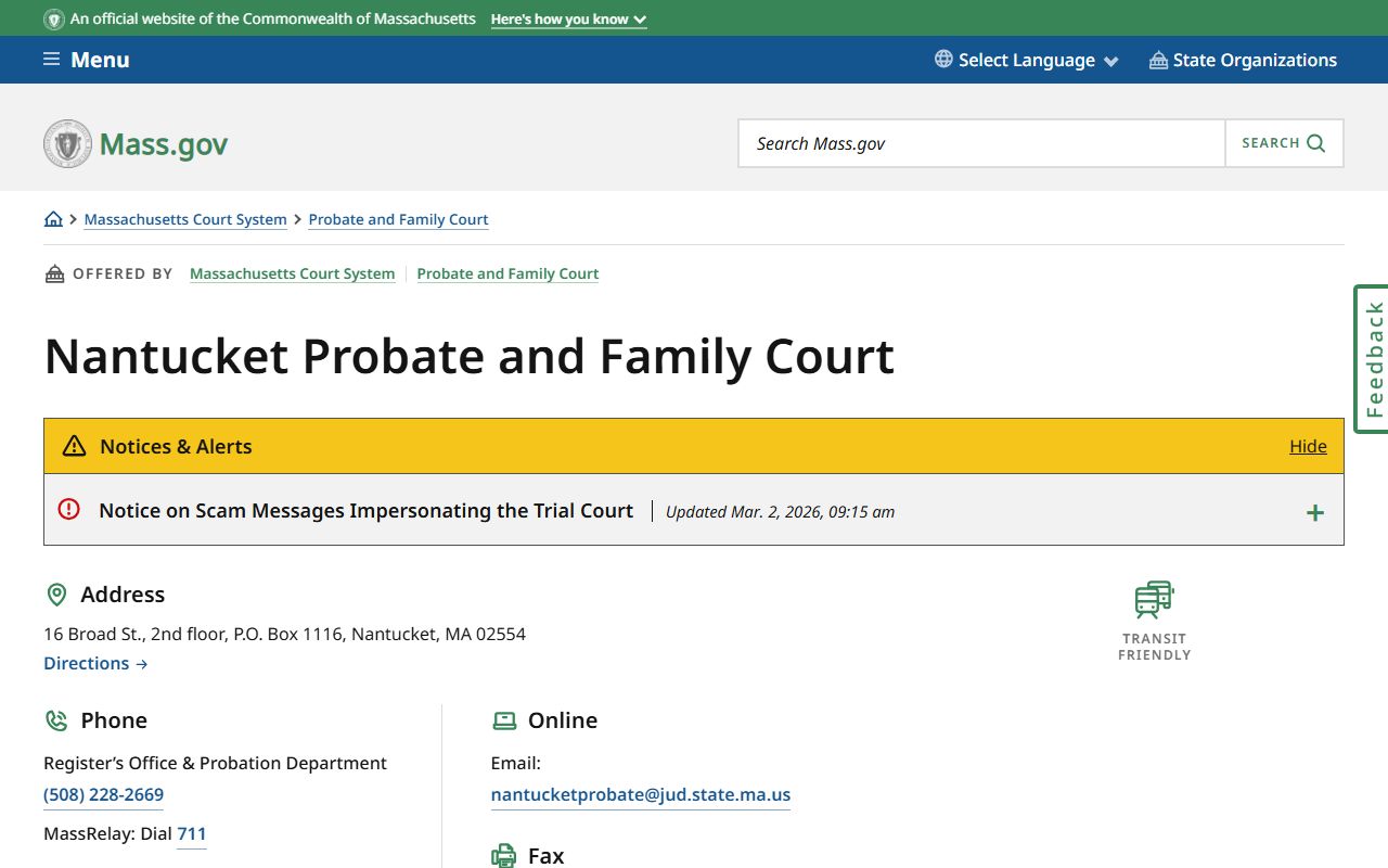 Nantucket County Probate and Family Court page showing dissolution of marriage records for Nantucket Island