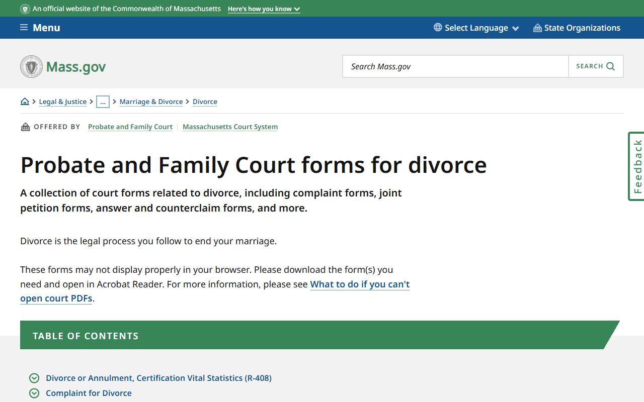 Massachusetts Probate and Family Court divorce forms page